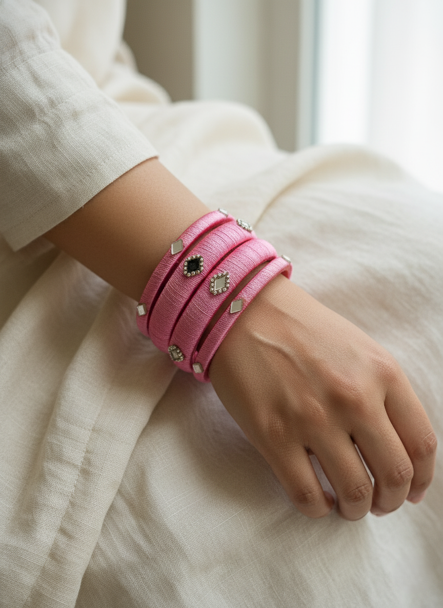 Handcrafted Pink Silk Bangles with Shimmering Mirror Accents