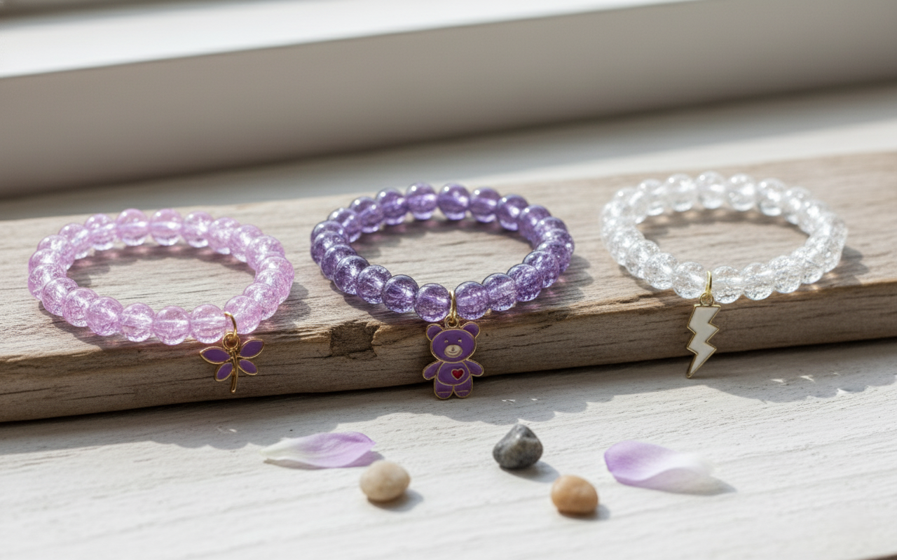 Set of 3 Purple and Clear Beaded Charm Bracelets – Butterfly, Teddy Bear, and Lightning Bolt – Pastel Aesthetic Jewelry