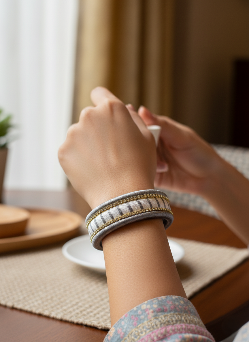 The "Aria" Striped Fabric Cuff: A Fusion of Soft Textiles and Gilded Accents