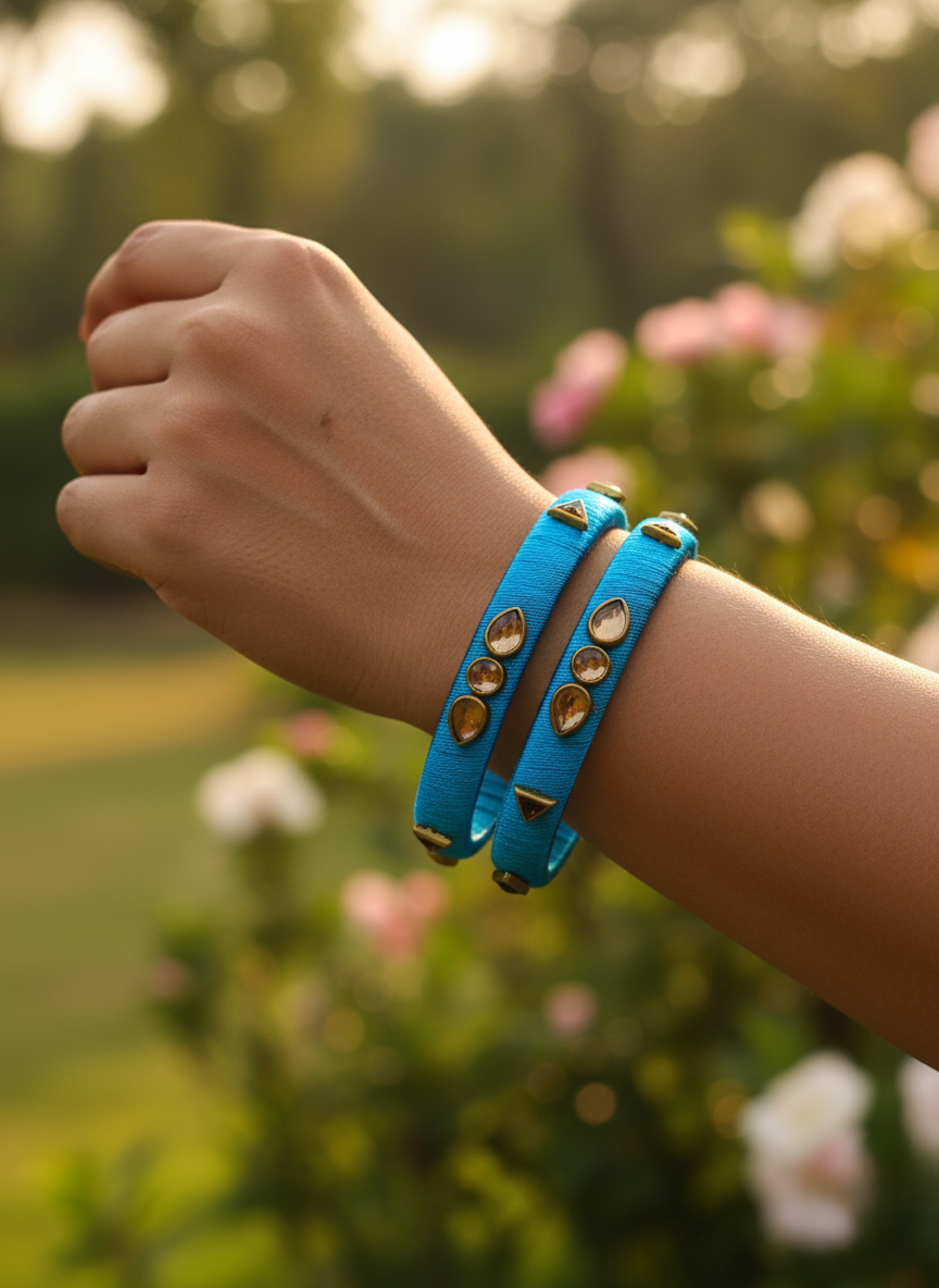 Handmade Blue Silk Thread Bangles with Amber Stones - Ethnic Indian