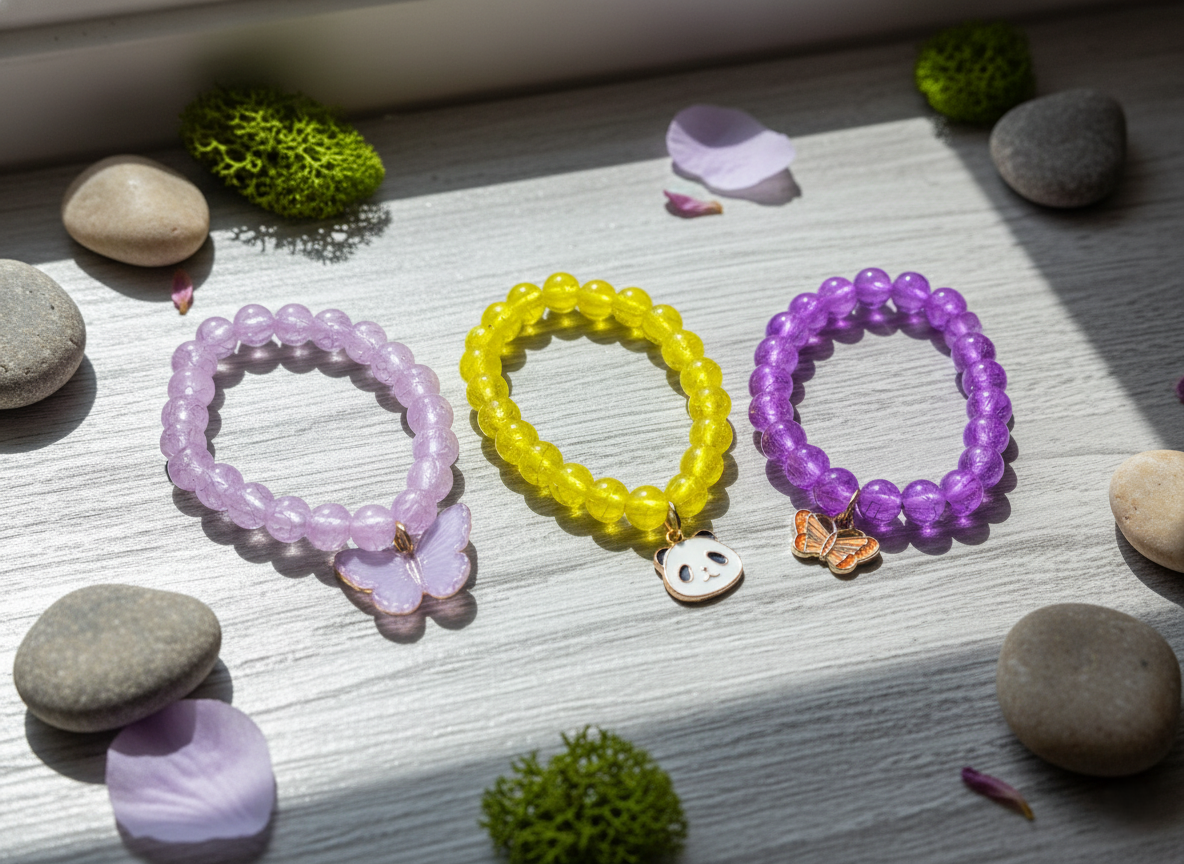 3-Piece Beaded Charm Bracelet Set - Pastel Butterfly & Panda Stretching Jewelry for Girls & Teens
