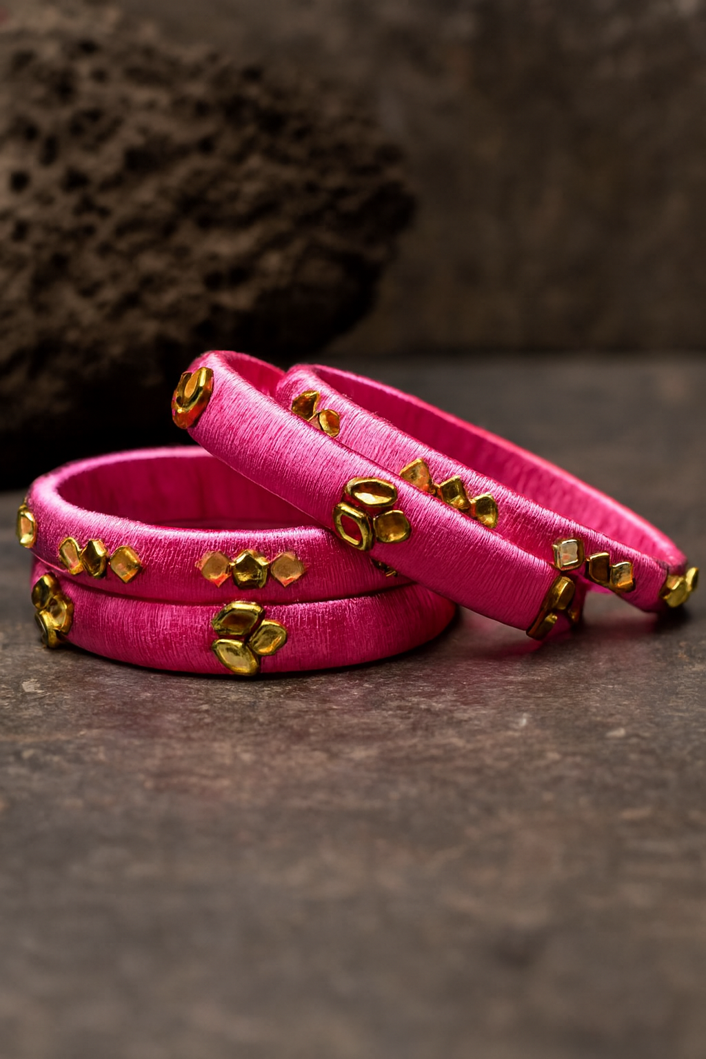 Vibrant Fuchsia Silk Thread Bangles with Gold Kundan Accents