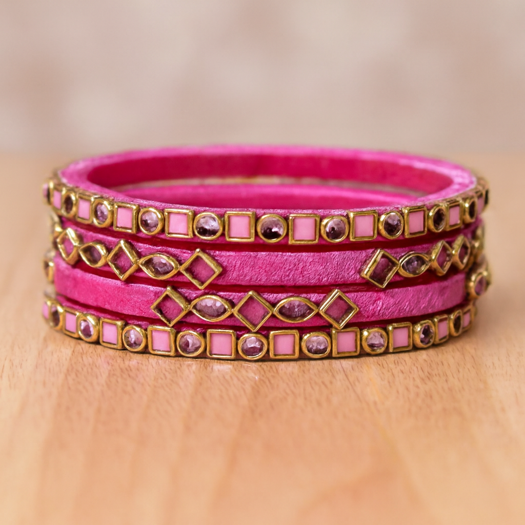 Handcrafted Magenta Silk Thread Bangles with Kundan-Style Accents (Set of 4)