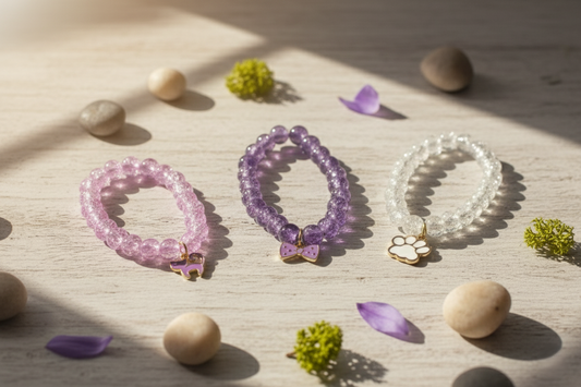 The Whimsical Trio: Handcrafted Crackle Glass Bracelets with Gold-Trimmed Charms