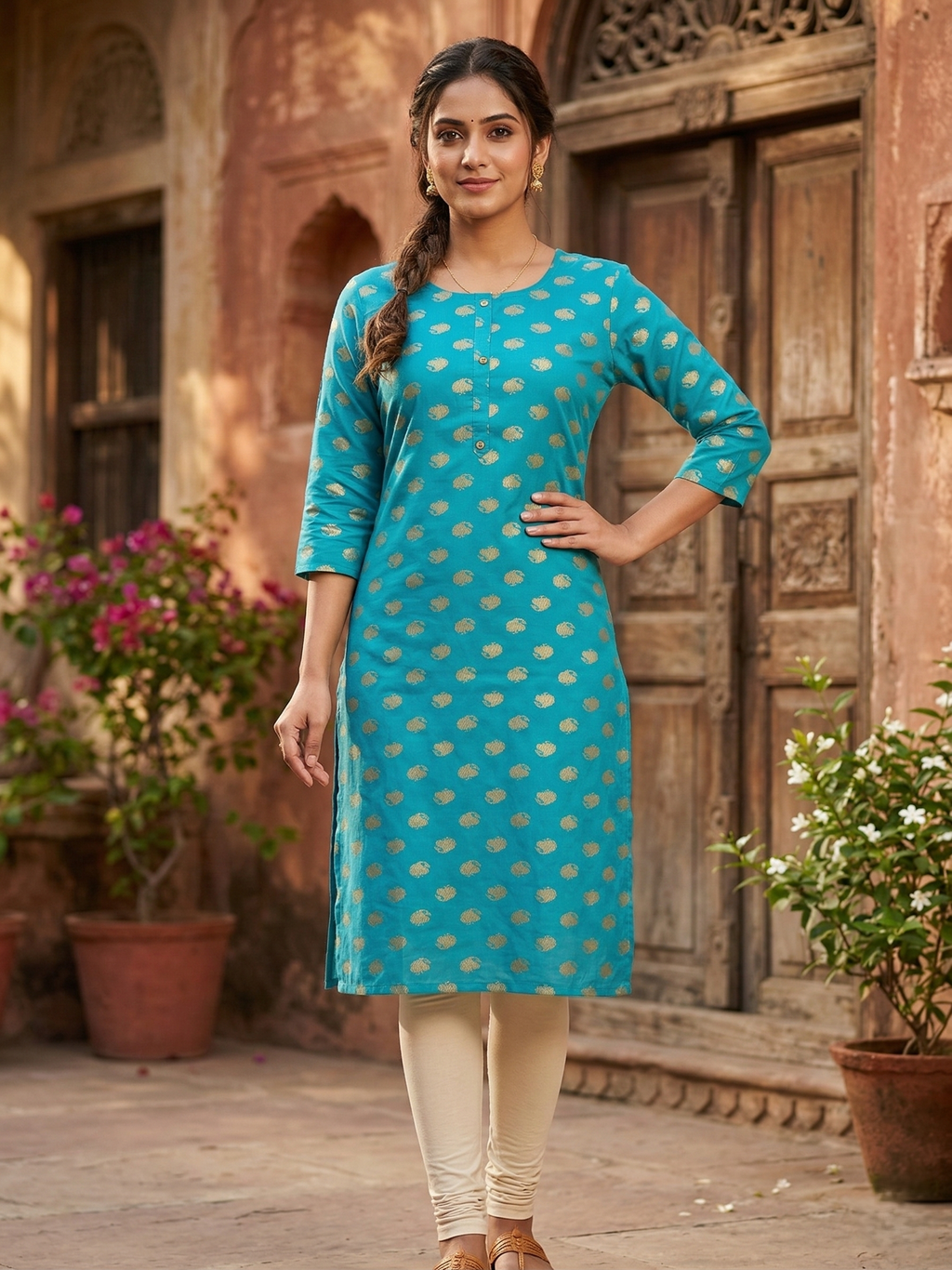 Royal Blue Cotton Kurti for Women with Gold Butti Print | Ethnic Straight Kurta with 3/4 Sleeves | Festive & Casual Wear