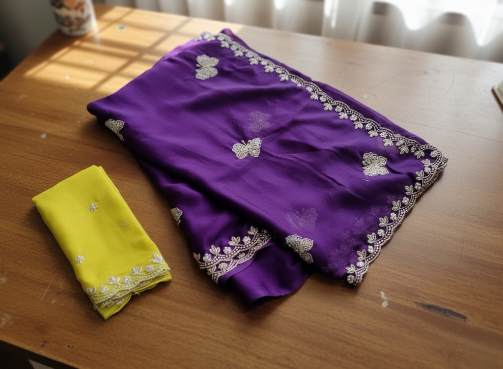 Royal Purple Butterfly Silk Saree with Lime Yellow Accents