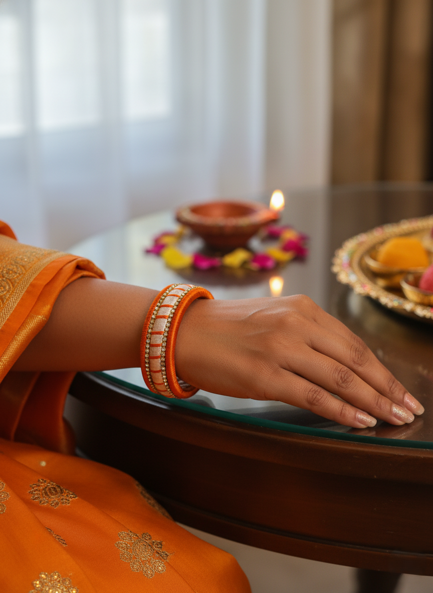 Handmade Orange Silk Thread Bangle for Women, Ethnic Indian Jewelry for Festivals and Weddings