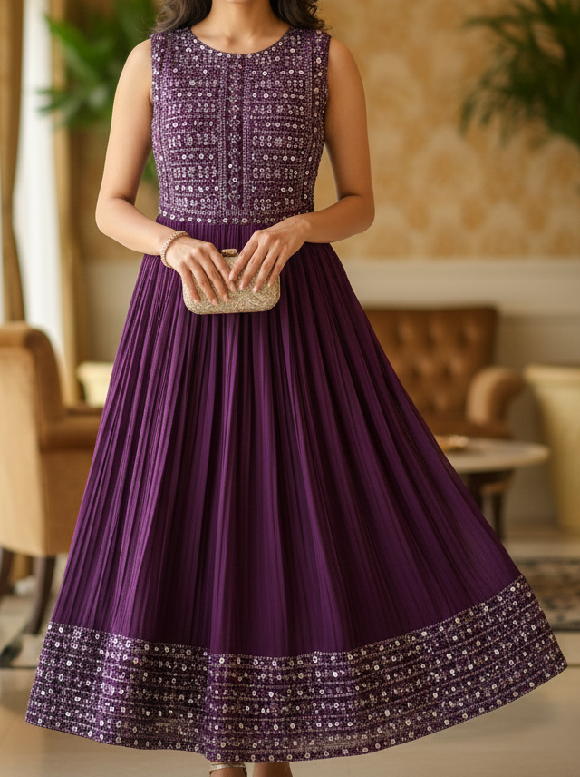 Imperial Plum Embroidered Anarkali Gown with Sunray Pleats