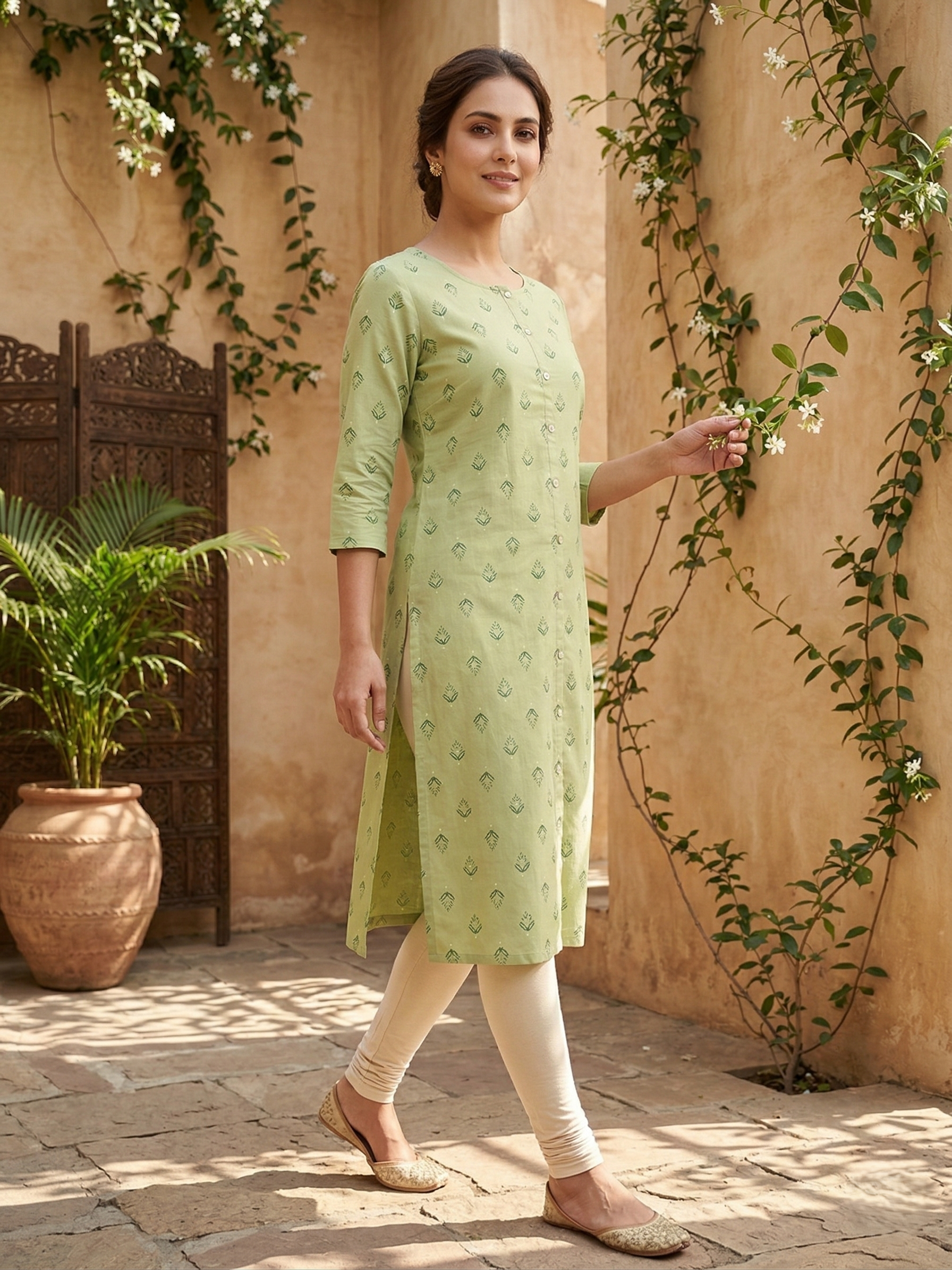 Sage Green Cotton Printed Kurta for Women | Front Button Straight Fit Ethnic Tunic