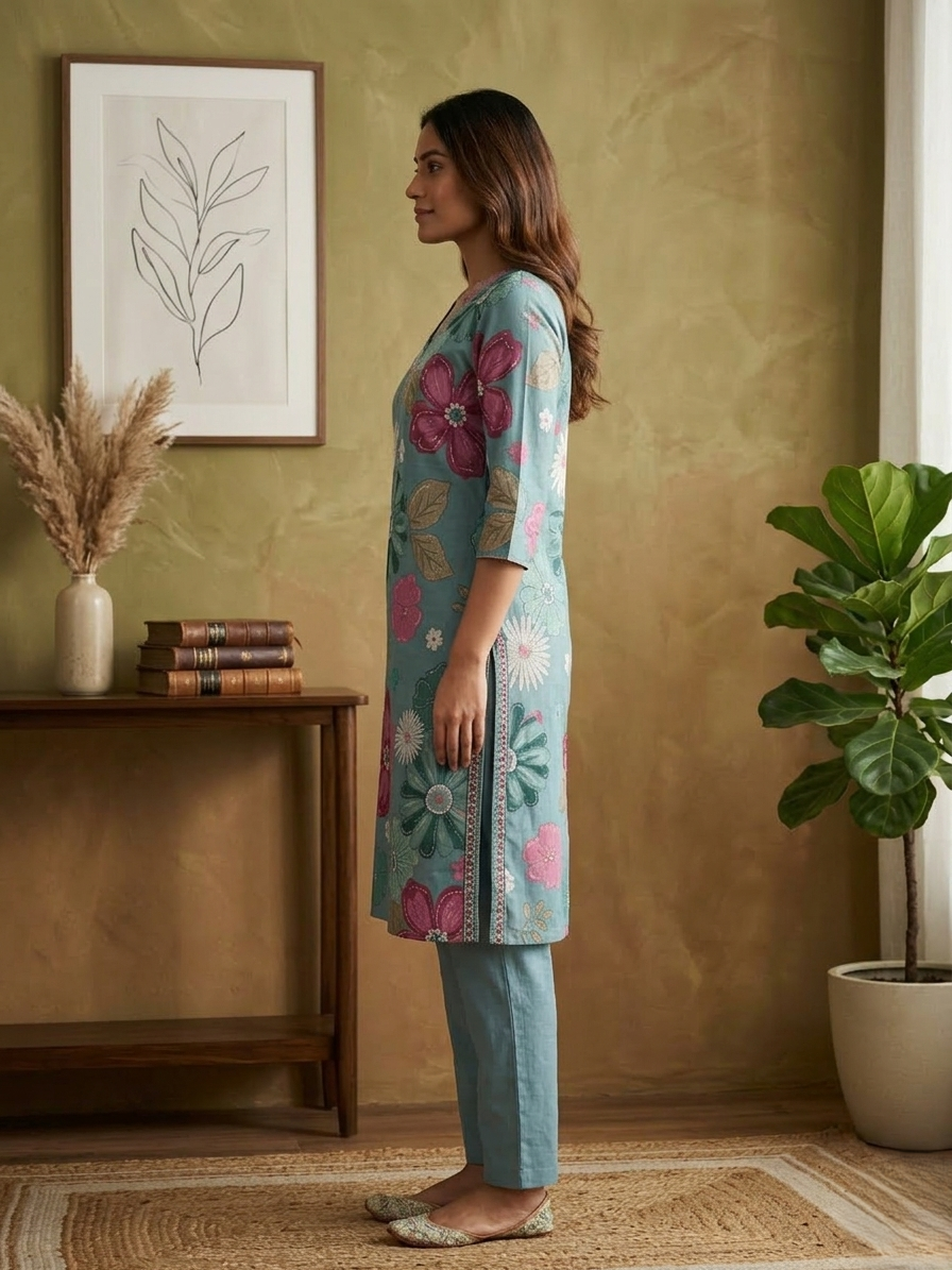 Teal Blue Floral Printed Cotton Kurta Set with Straight Pants - 2 Piece Ethnic Wear