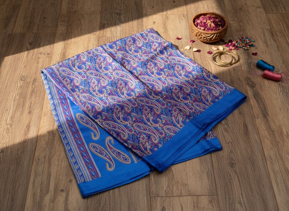 Royal Azure Silk-Blend Saree with Intricate Heritage Paisley Print