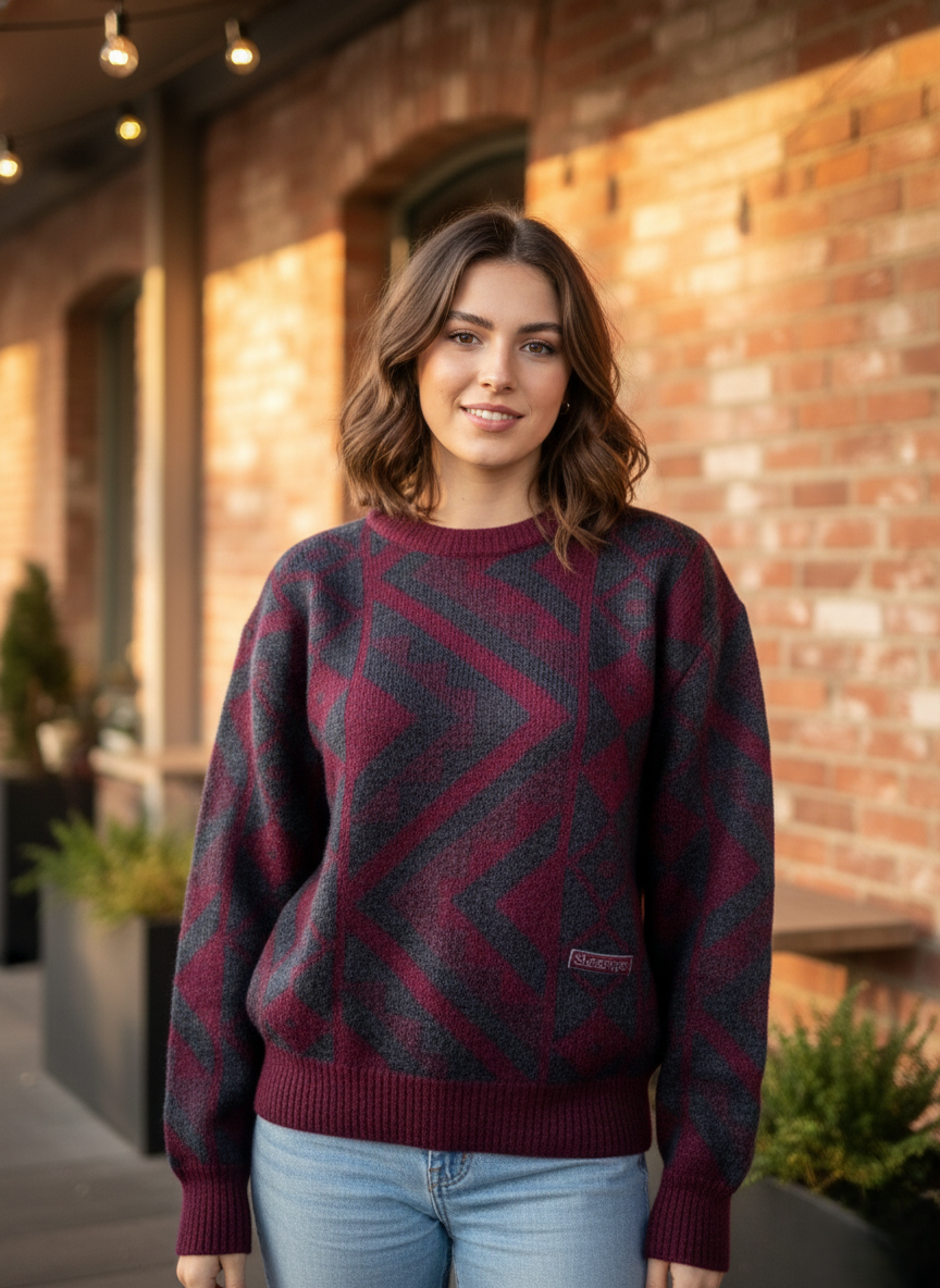 Vintage Geometric Wool-Blend Knit Sweater – Deep Plum & Charcoal