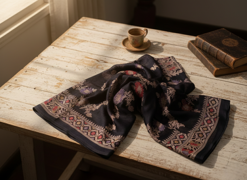 Midnight Onyx Hand-Woven Jamawar Silk Saree with Antique Zari