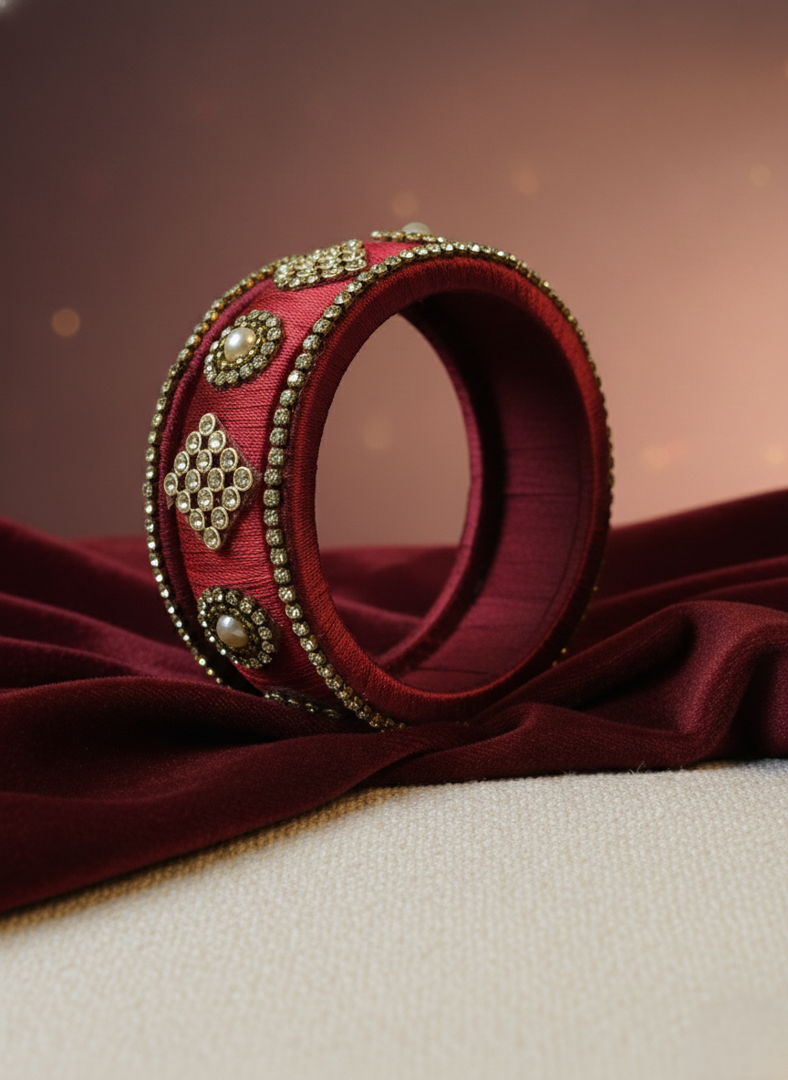 Handcrafted Maroon Silk Thread Bangle with Antique Gold Kundan & Pearl Embellishments – Ethnic Bridal Jewelry