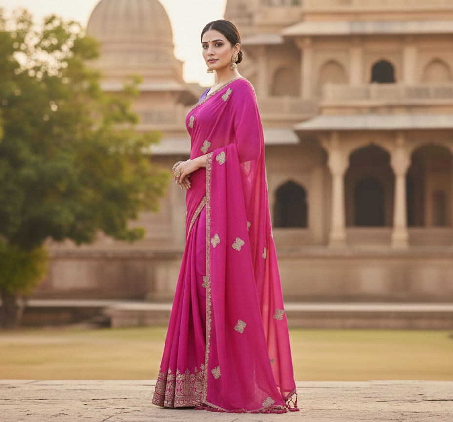 Fuchsia Bloom Butterfly Silk Saree Set