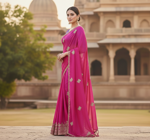 Fuchsia Bloom Butterfly Silk Saree Set