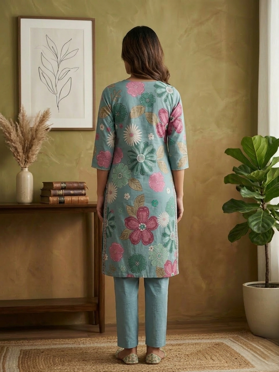 Teal Blue Floral Printed Cotton Kurta Set with Straight Pants - 2 Piece Ethnic Wear