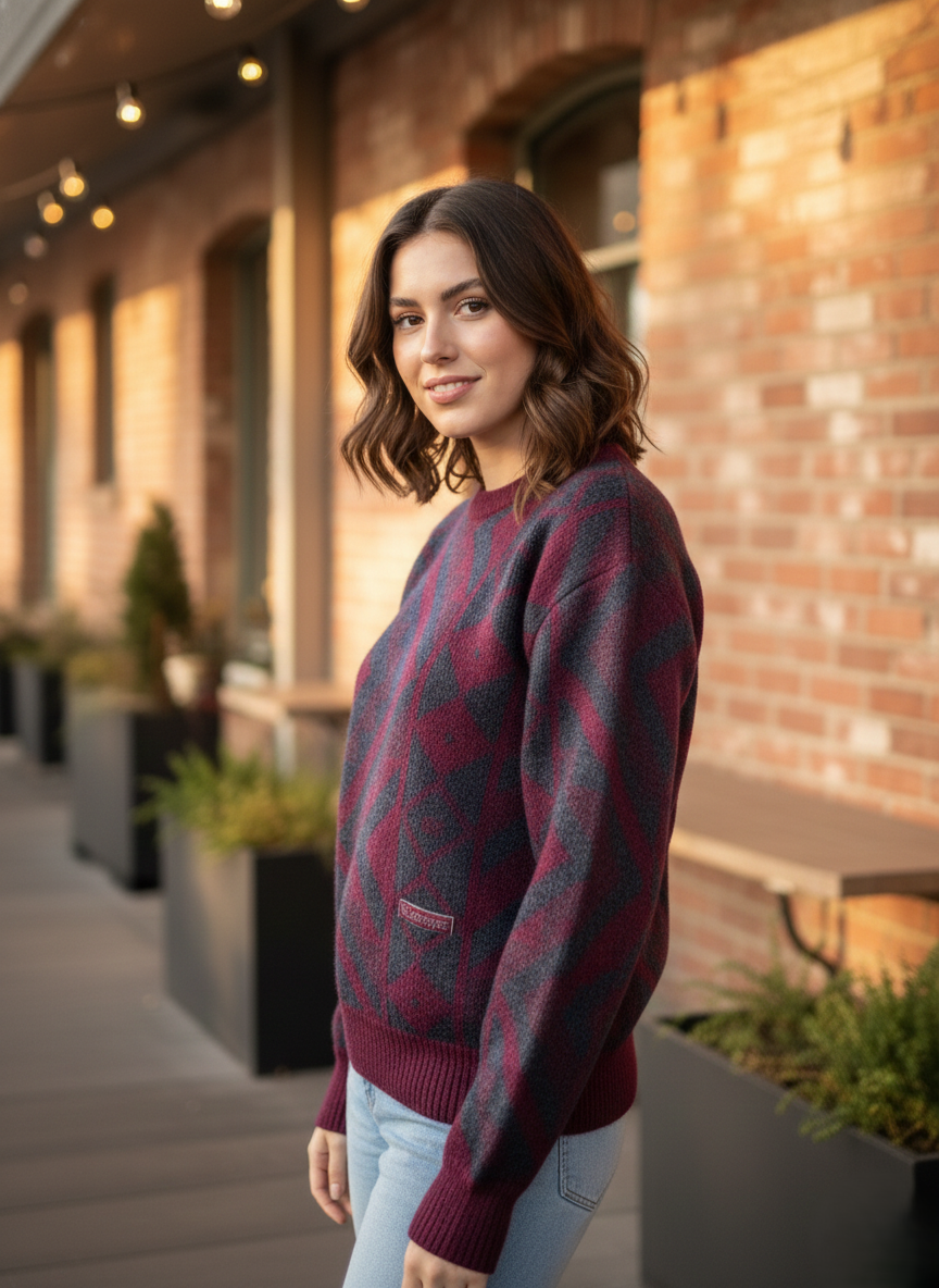 Vintage Geometric Wool-Blend Knit Sweater – Deep Plum & Charcoal