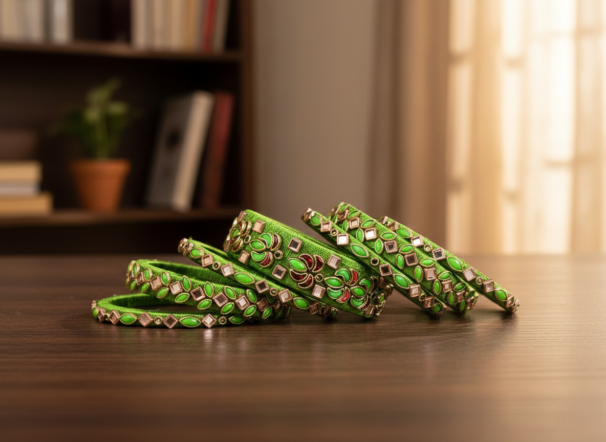 Verdant Elegance: Handcrafted Silk Thread Bangle Set with Intricate Kundan-Style Work