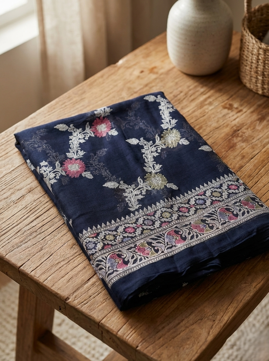 Celestial Flora: Indigo Blue Organza Saree with Silver Zari & Pink Accents