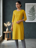Mustard Yellow Printed Cotton Kurti for Women | Ethnic Straight Fit Kurta with 3/4 Sleeves