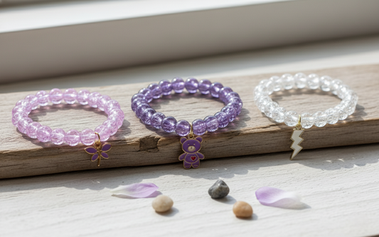 Set of 3 Purple and Clear Beaded Charm Bracelets – Butterfly, Teddy Bear, and Lightning Bolt – Pastel Aesthetic Jewelry