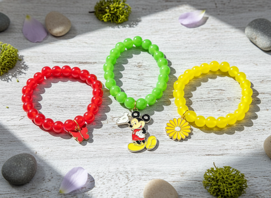 Charmed Vibrance: 3-Piece Beaded Bracelet Set with Butterfly, Mickey, and Daisy Charms