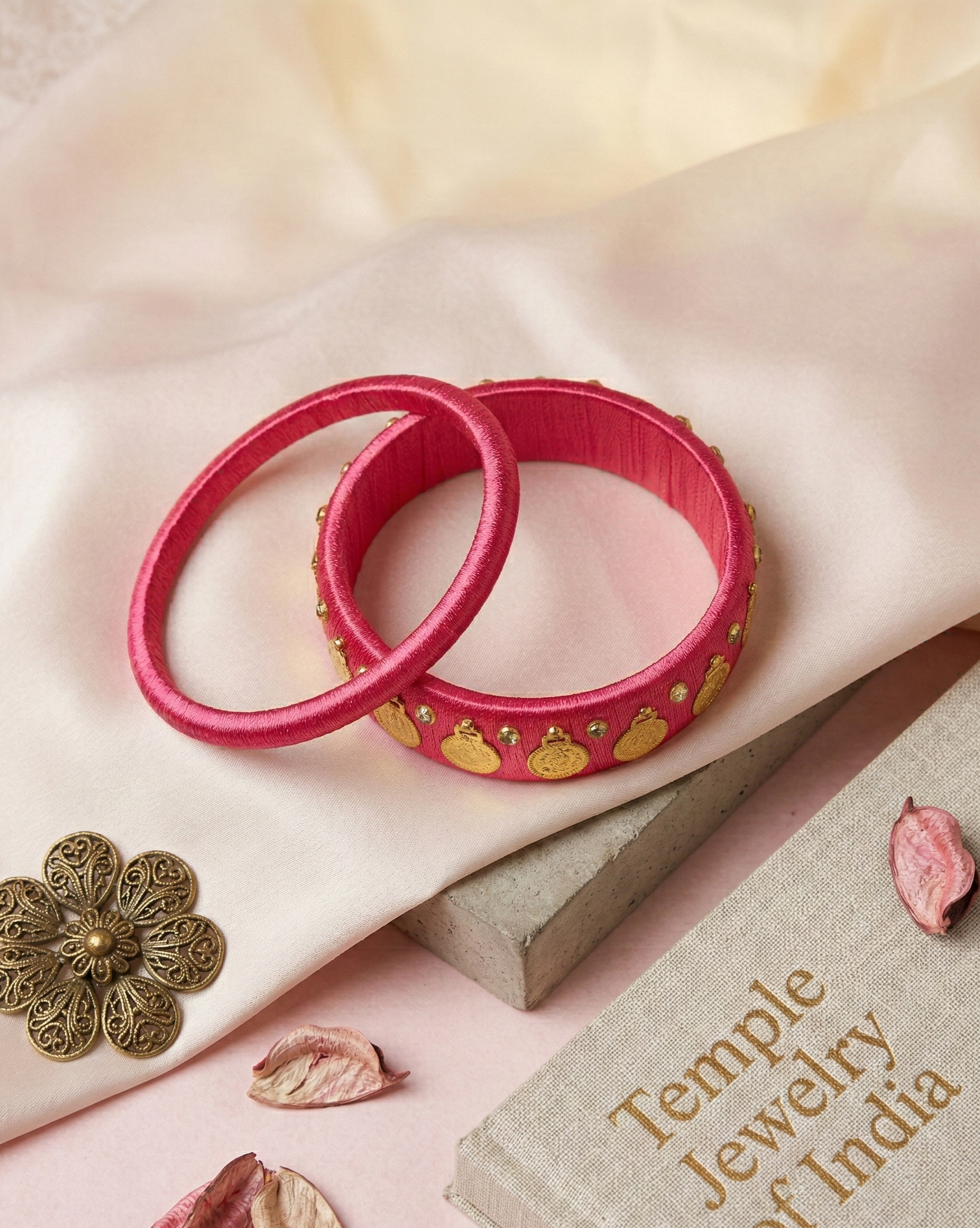 Rani Pink Silk Thread Bangle Set with Gold Lakshmi Coin Charms
