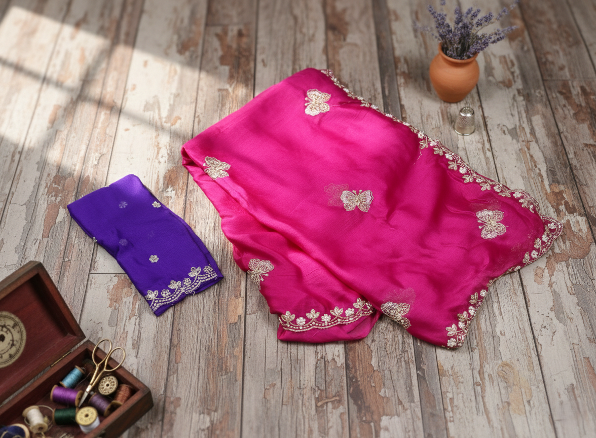 Fuchsia Bloom Butterfly Silk Saree Set