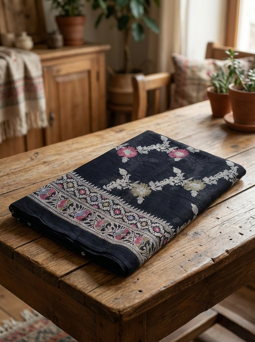 Celestial Flora: Indigo Blue Organza Saree with Silver Zari & Pink Accents