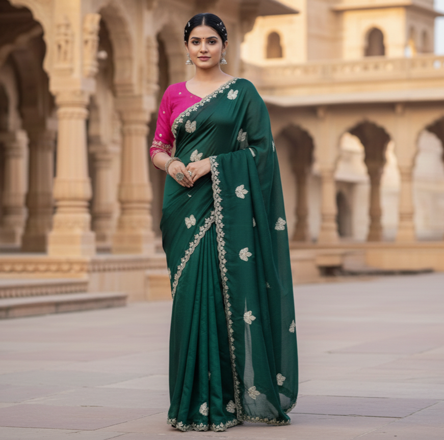 Emerald Butterfly Hand-Embroidered Silk Saree Set