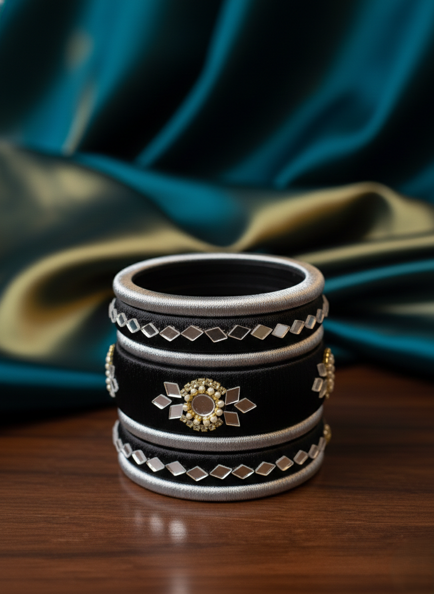 Handcrafted Black Silk Thread Bangle Set with Mirror Work & Silver Accents – Premium Ethnic Jewelry