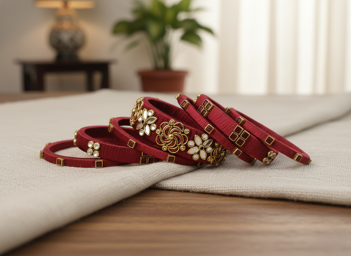 Handcrafted Crimson Red Silk Thread Bangle Set with Intricate Gold Kundan & Floral Embellishments