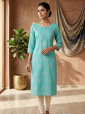 Sky Blue Cotton Printed Kurta for Women | Ethnic Straight Kurti with 3/4 Sleeves