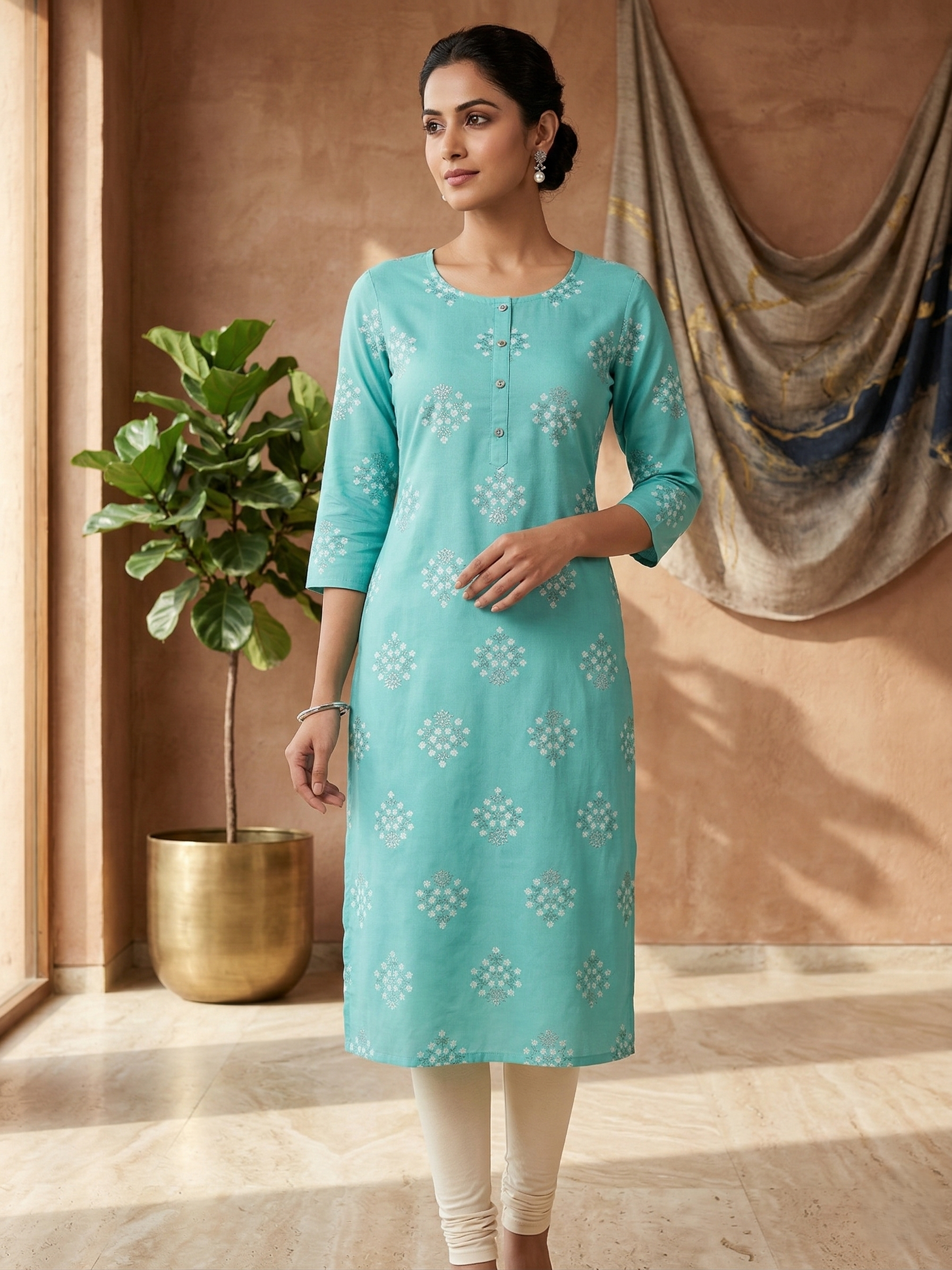 Sky Blue Cotton Printed Kurta for Women | Ethnic Straight Kurti with 3/4 Sleeves