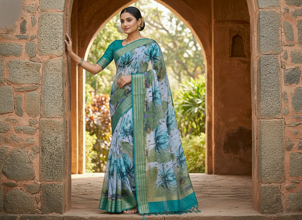 Ethereal Waters: Hand-Painted Style Lotus Saree in Seafoam & Teal