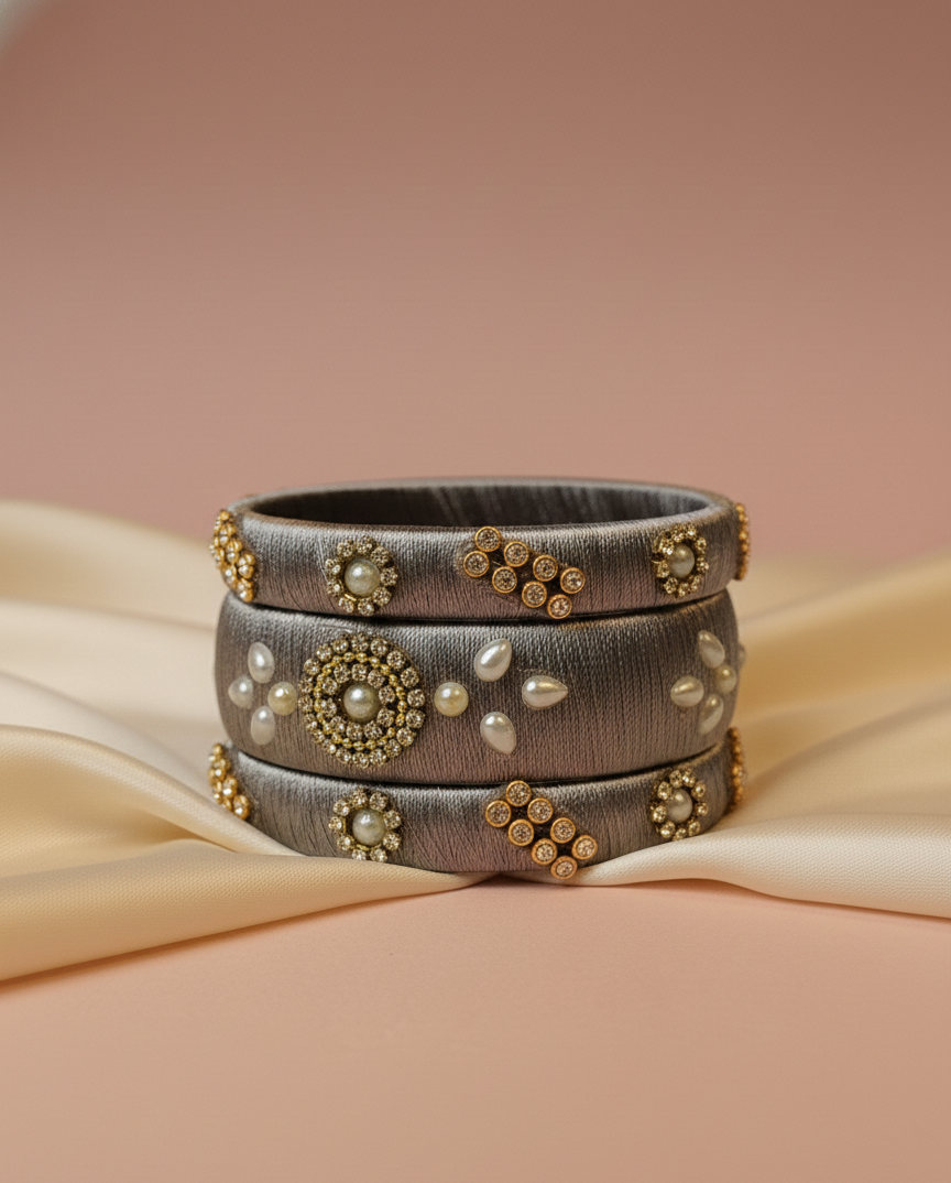 Handcrafted Grey Silk Thread Bangle Set with Pearl & Kundan Embellishments – 3-Piece Ethnic Jewelry Set