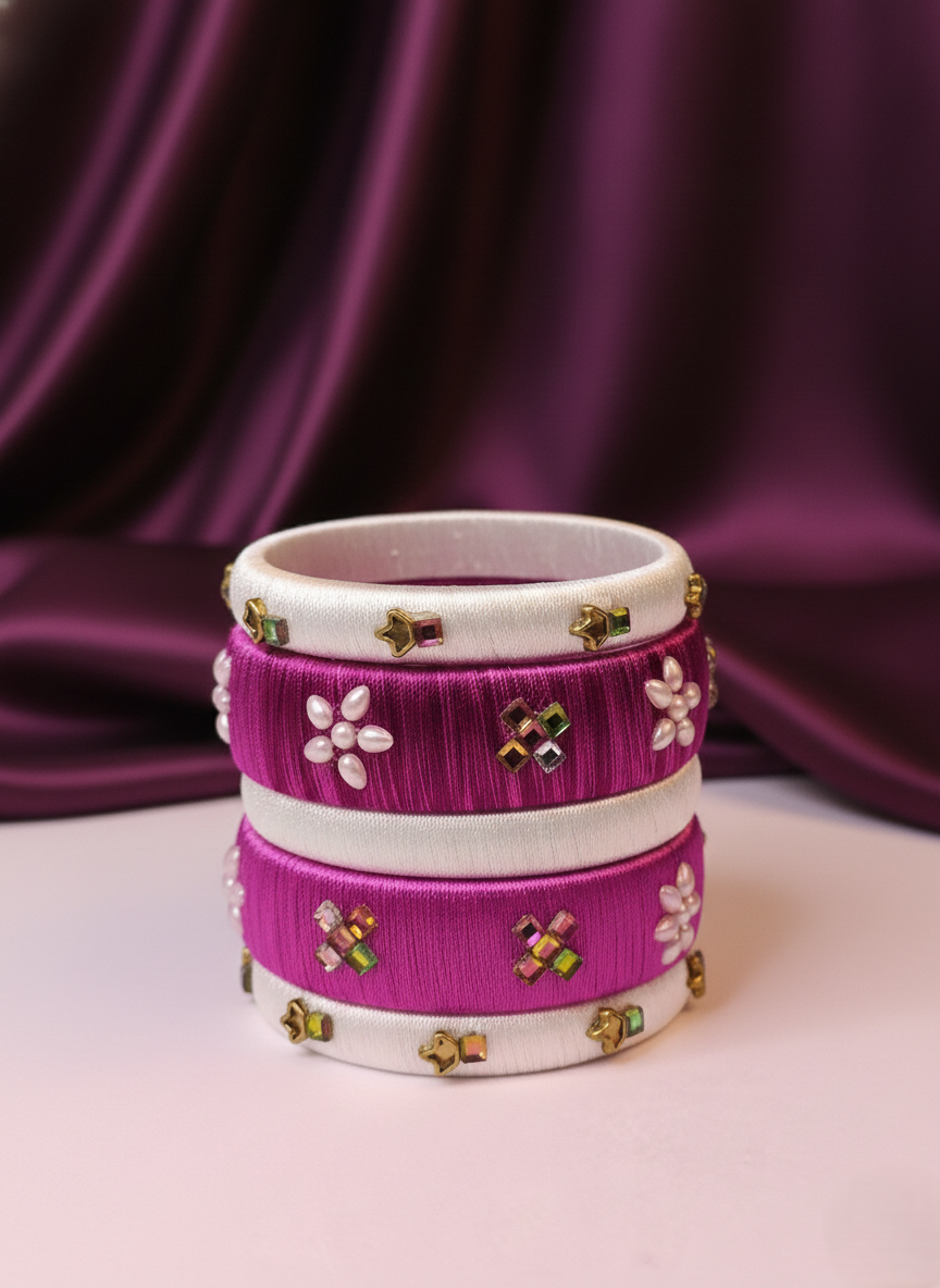 Handcrafted Silk Thread Bangle Set with Floral Pearl Accents and Kundan Work - Magenta & White