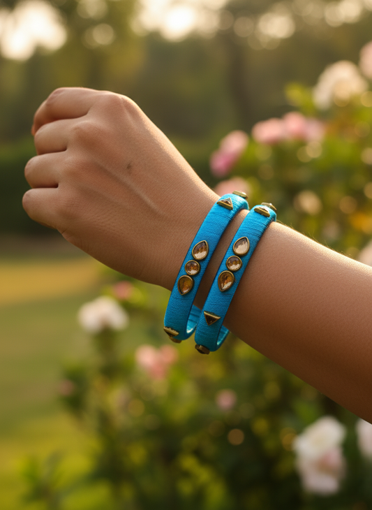 Handmade Blue Silk Thread Bangles with Amber Stones - Ethnic Indian