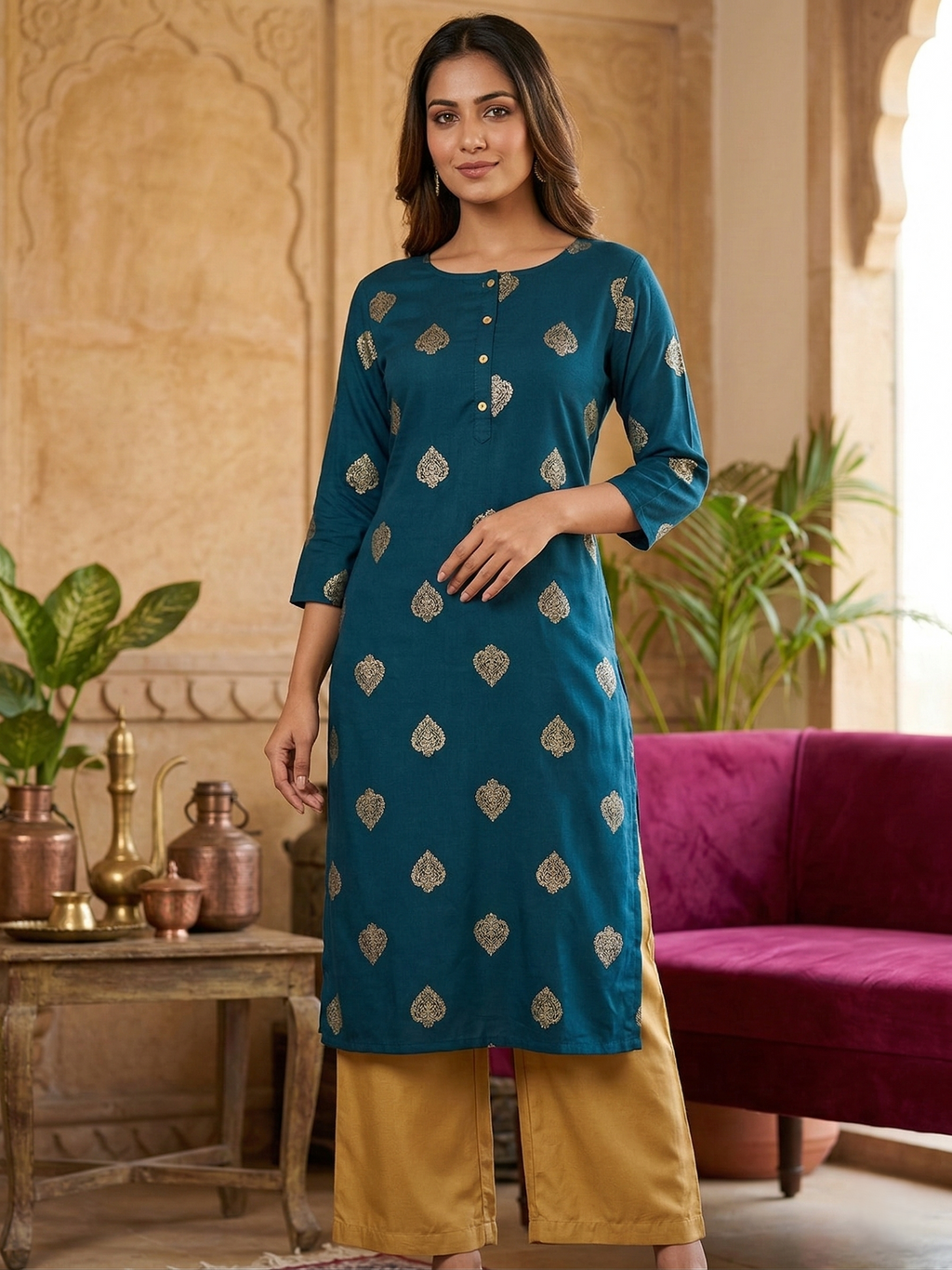 Teal Blue Rayon Foil Print Straight Kurta