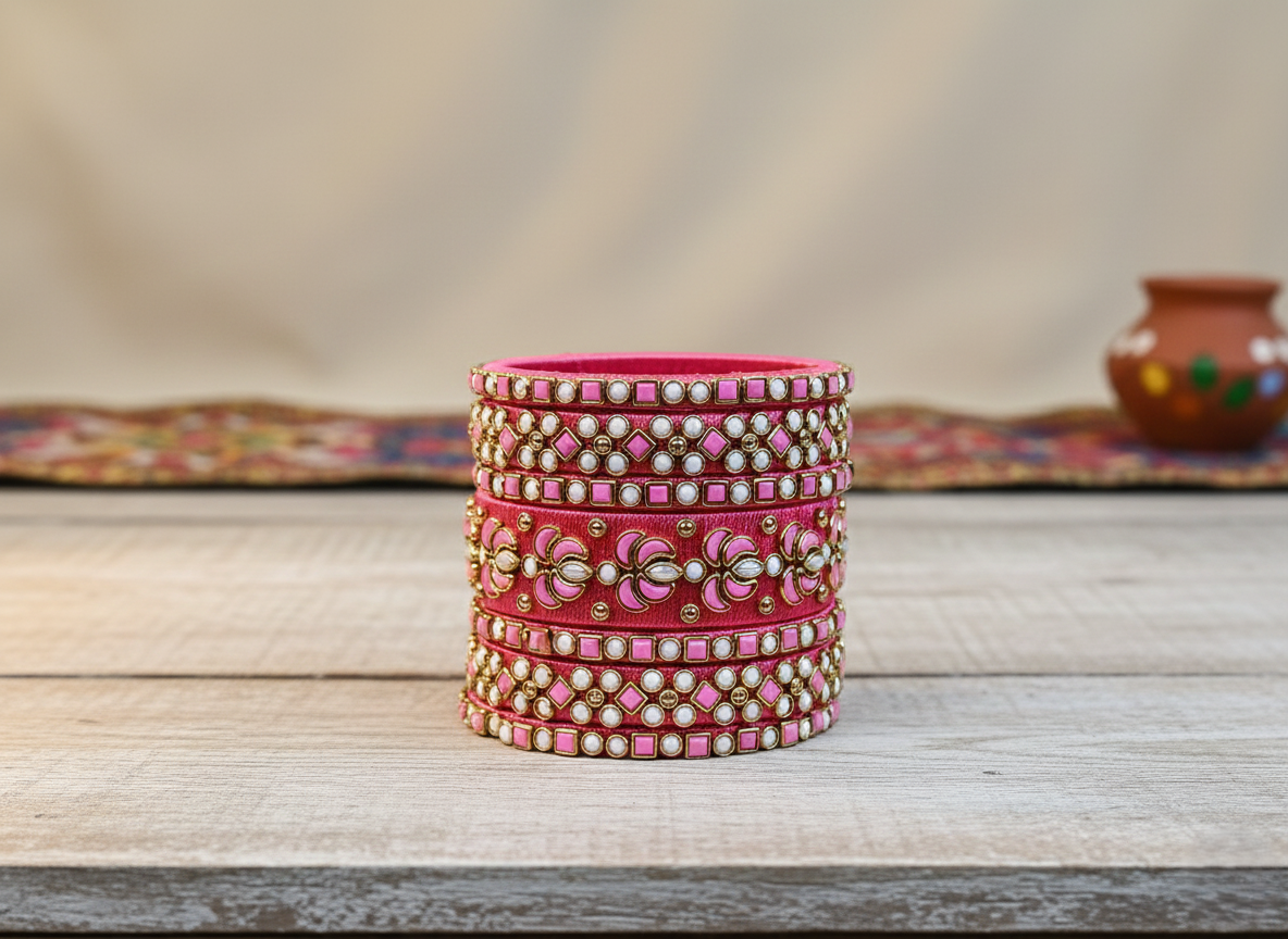 Rani Pink Silk Thread Bangle Set with Exquisite Pearl and Stone Work