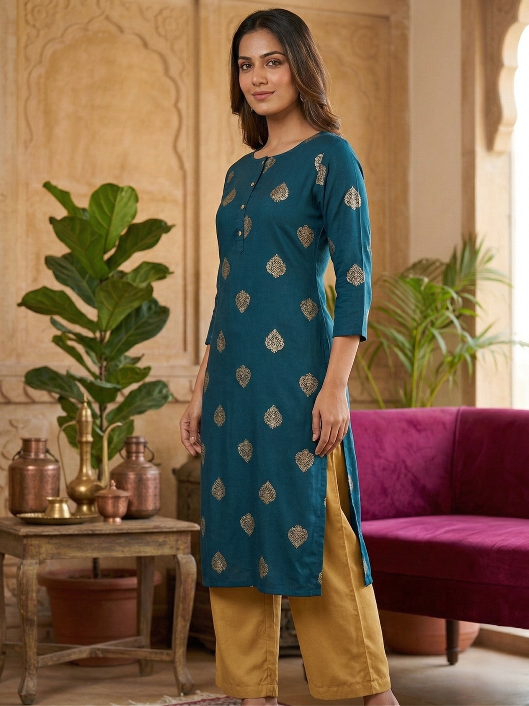 Teal Blue Rayon Foil Print Straight Kurta