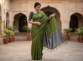 Hand-Woven Olive & Charcoal Silk-Blend Saree with Tassel Detail