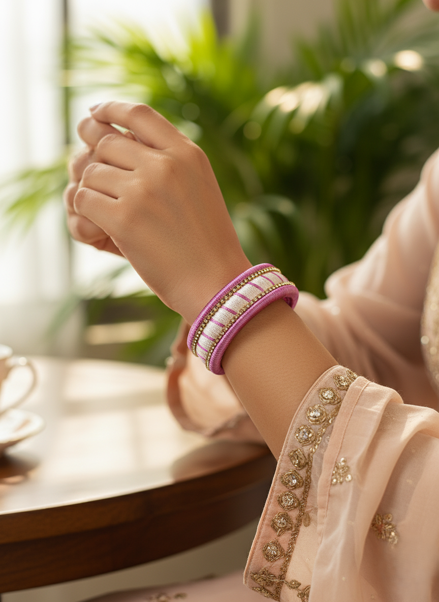 Handcrafted Pink Silk Thread Bangle with Gold Zari Work and Stone Embellishments