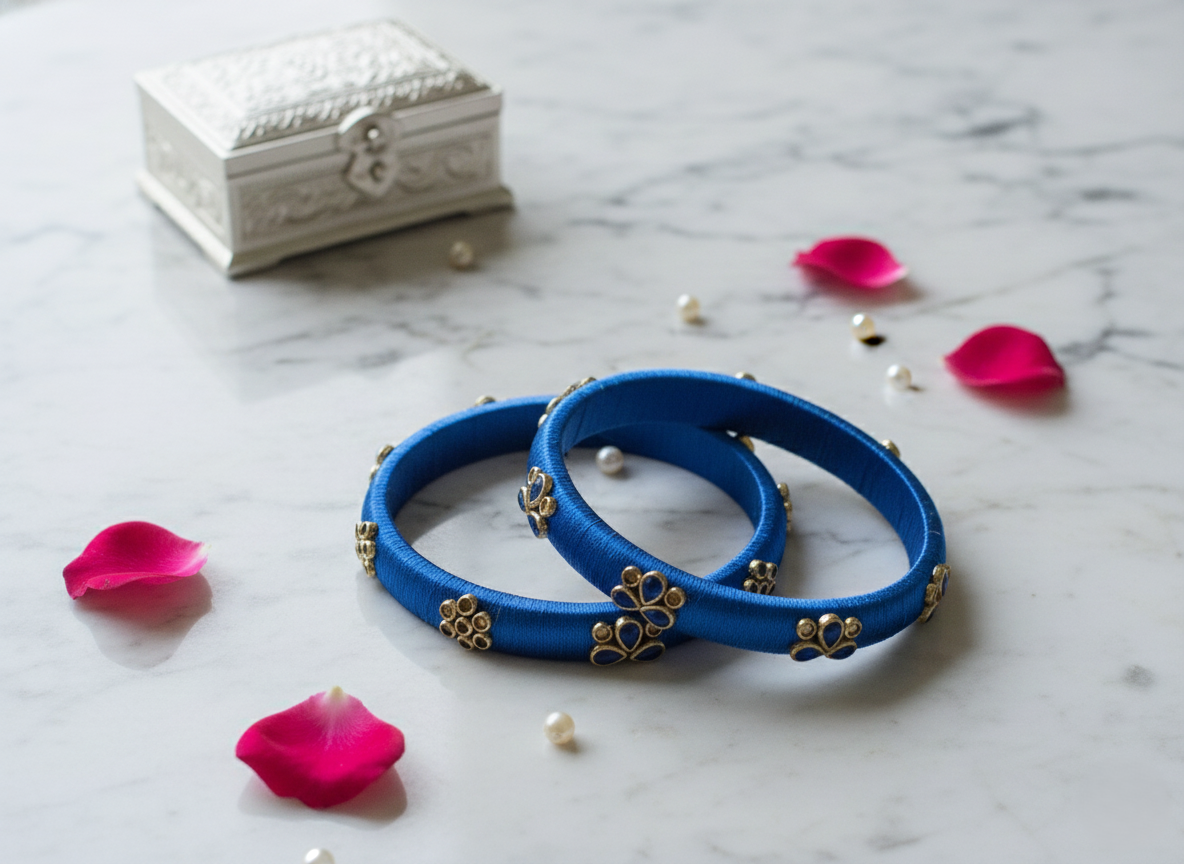 Handcrafted Royal Blue Silk Thread Bangles with Gold Kundan Accents