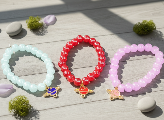 Set of 3 Pastel Beaded Jewelry, Saturn Moon & Star Charms, Aesthetic Space Accessories for Her