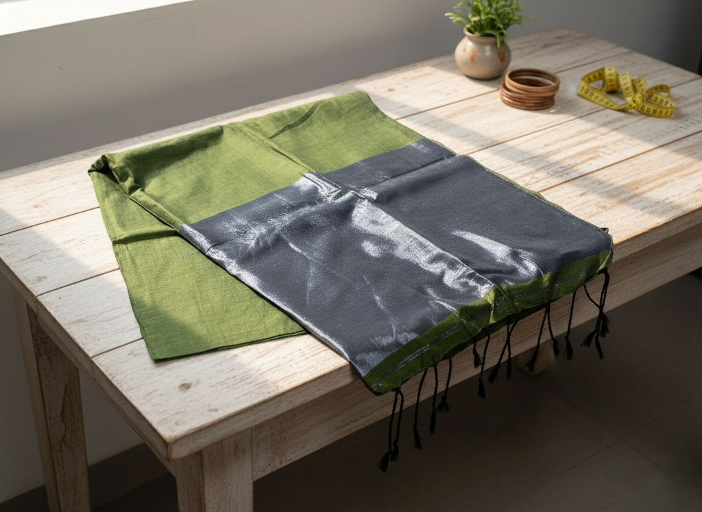 Hand-Woven Olive & Charcoal Silk-Blend Saree with Tassel Detail