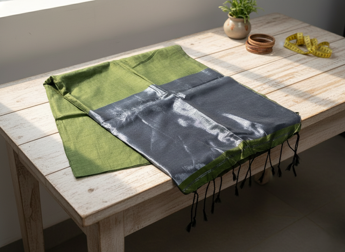 Hand-Woven Olive & Charcoal Silk-Blend Saree with Tassel Detail