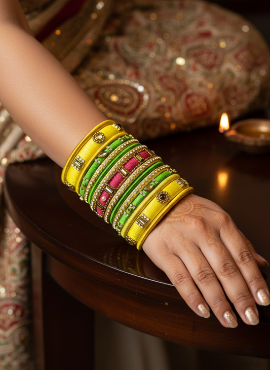 Vibrant Festive Fusion: Handcrafted Yellow & Lime Green Silk Bangles