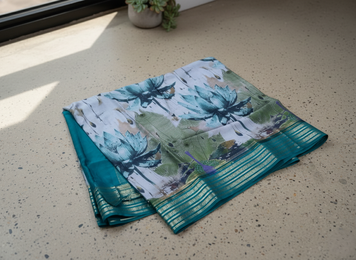 Ethereal Waters: Hand-Painted Style Lotus Saree in Seafoam & Teal